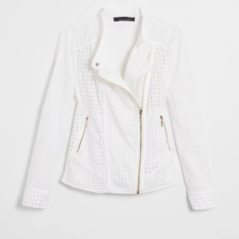 WHBM $175 Eyelet Moto Jacket Cotton White 12 - Picture 2 of 5